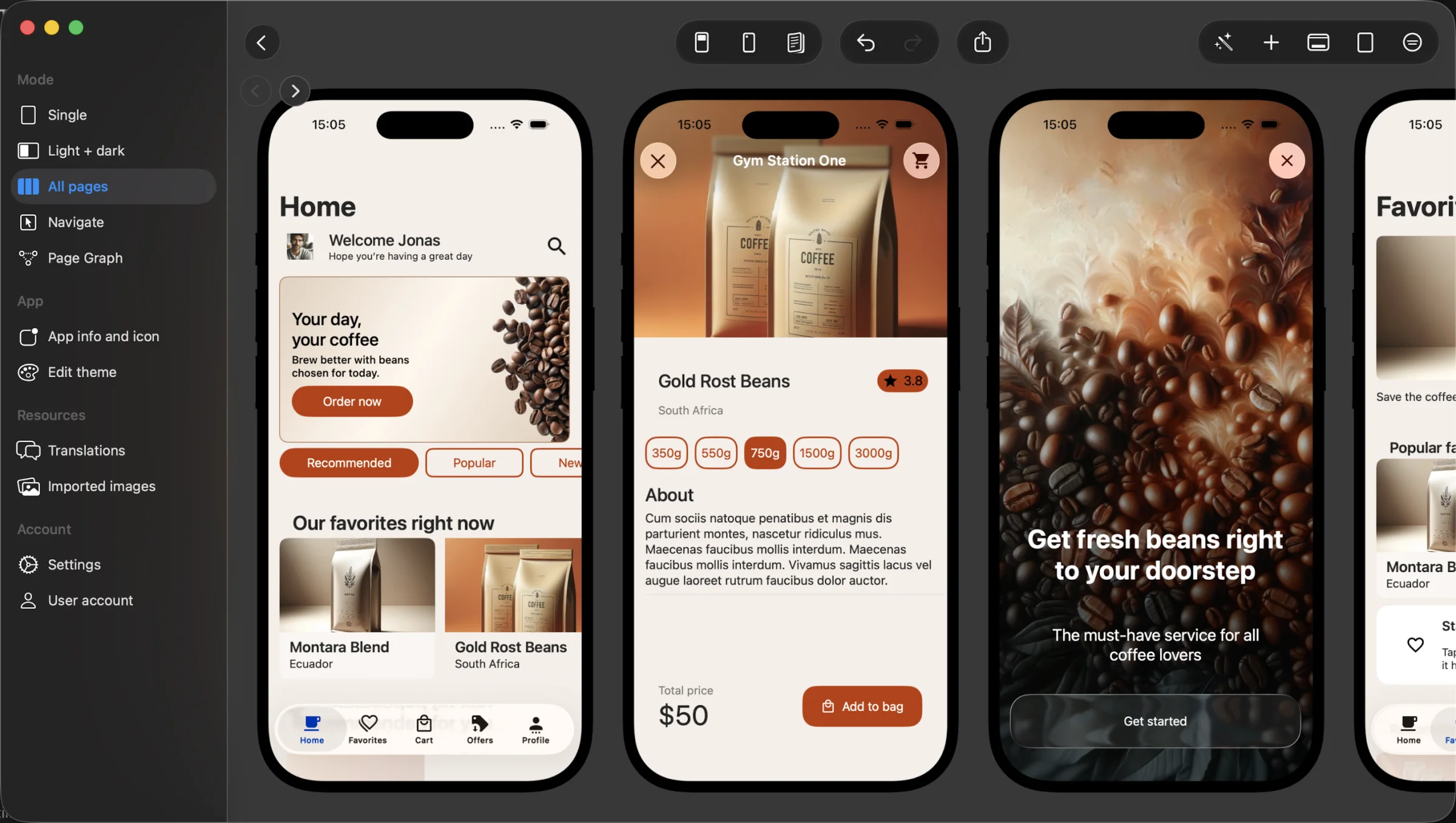 Pixelmost for macOS showing every screen in a coffee shop app